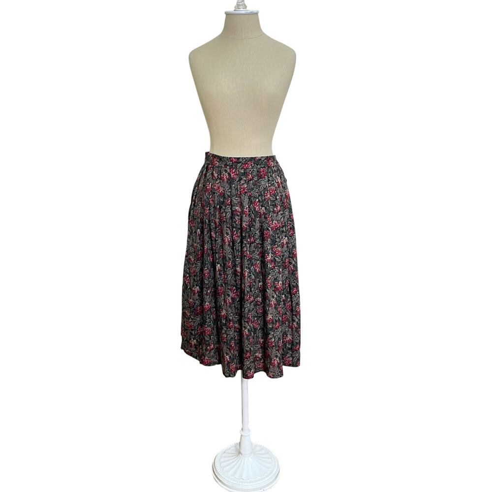 Vintage Susan Bristol Green & Black Rabbit Print Pleated Cottage Midi Skirt Sz 8